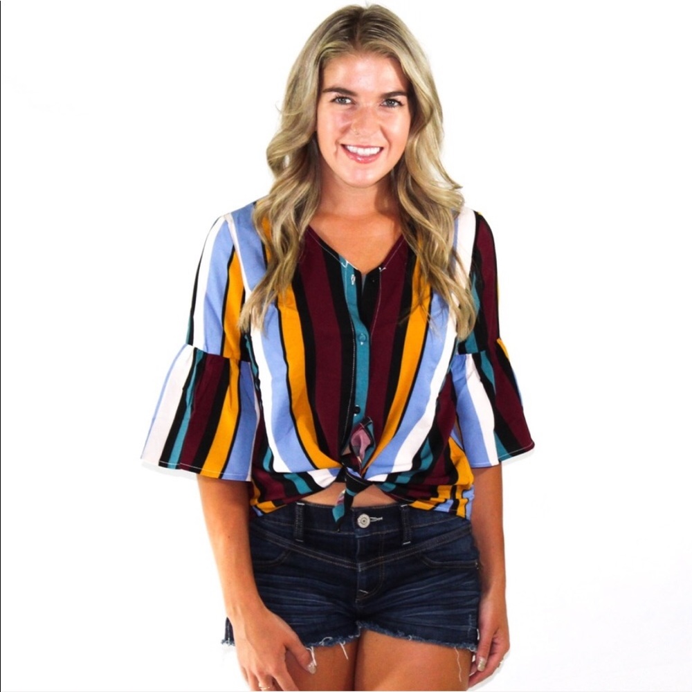 Dark Rainbow bell sleeve button top can be worn